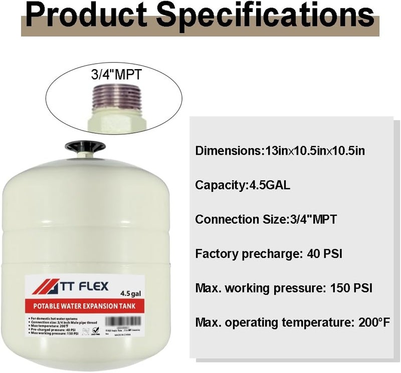 TT FLEX Potable Thermal Expansion Tank for Water Heater - 4.5 Gallon, 3/4 in MNPT Connection - Image 5